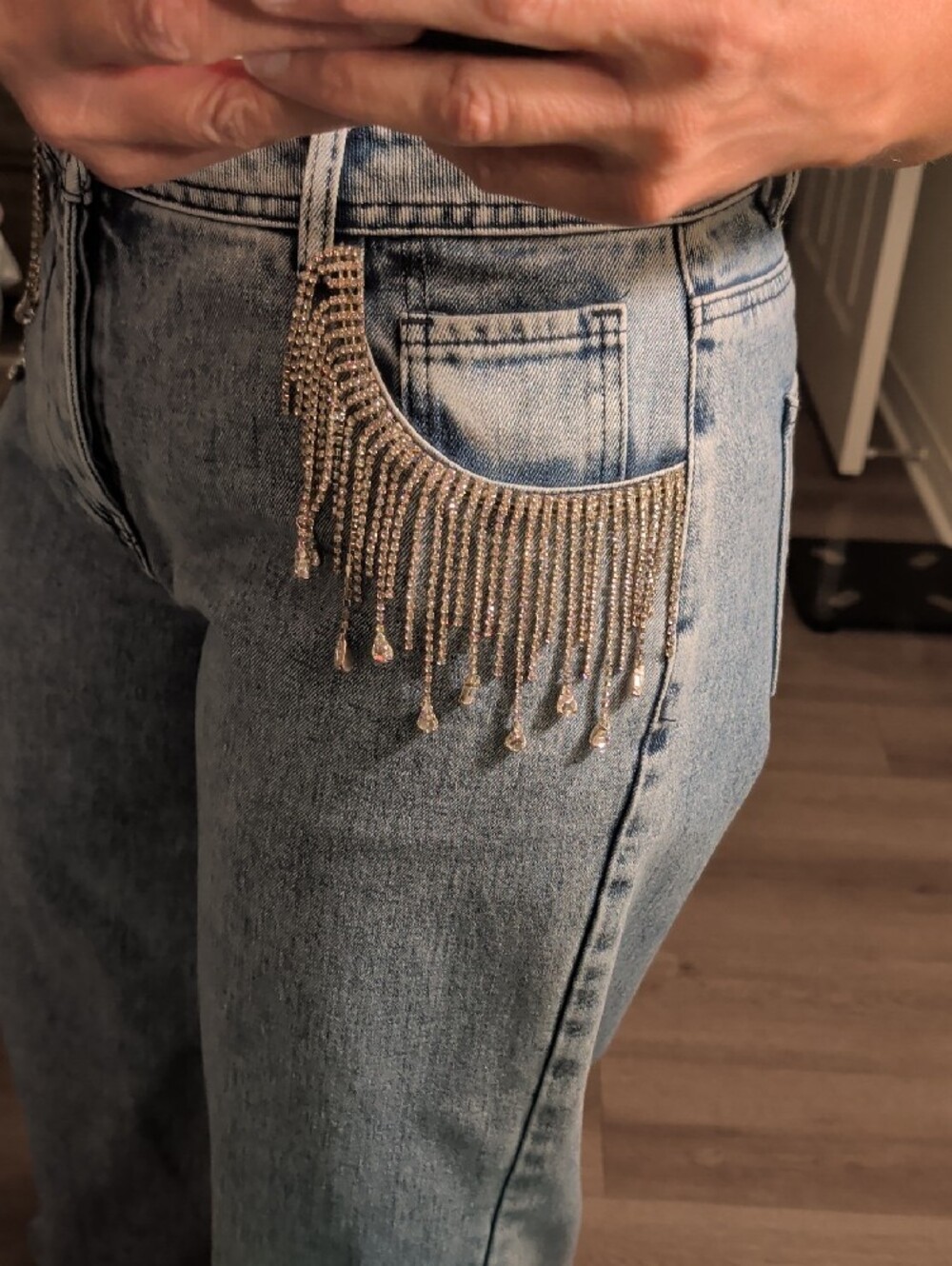 Nasty Gal Light Blue Rhinestone Fringe Flare Jeans - Picture 3 of 5